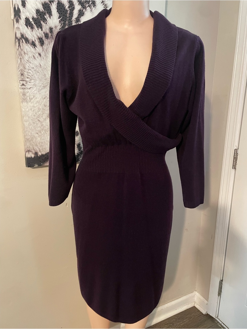 connected apparel Deep Plum Long sweater Dress faux bodice vneck XL comfort